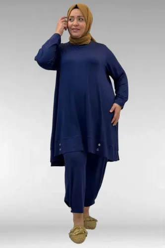 67041 Büyük Beden Düğme Detaylı Penye Pantolonlu Takım - İndigo - 1