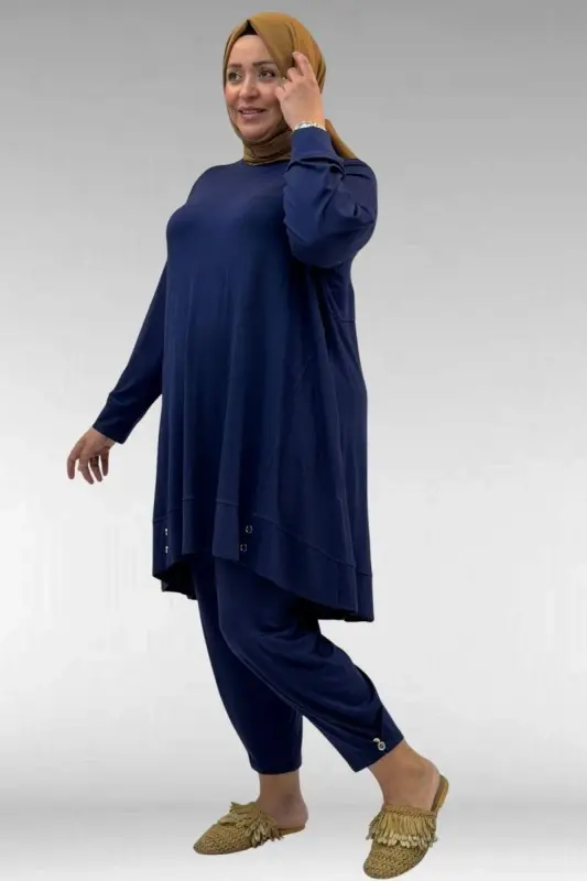 67041 Büyük Beden Düğme Detaylı Penye Pantolonlu Takım - İndigo - 2