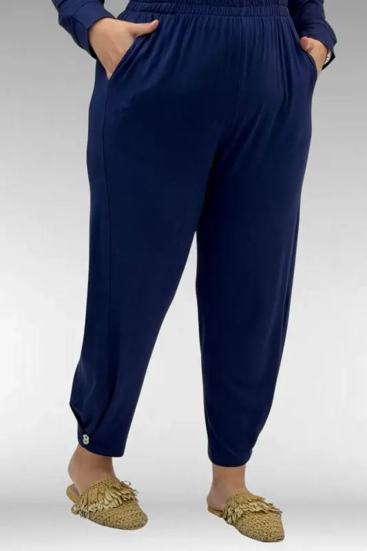 67041 Büyük Beden Düğme Detaylı Penye Pantolonlu Takım - İndigo - 3