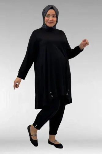 67041 Büyük Beden Düğme Detaylı Penye Pantolonlu Takım - Siyah - 1