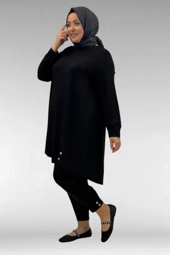 67041 Büyük Beden Düğme Detaylı Penye Pantolonlu Takım - Siyah - 2