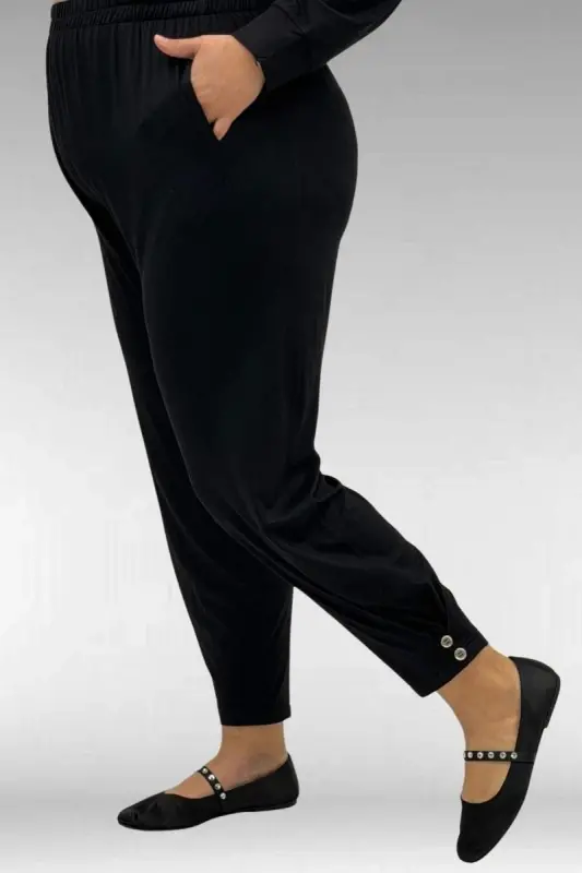 67041 Büyük Beden Düğme Detaylı Penye Pantolonlu Takım - Siyah - 3