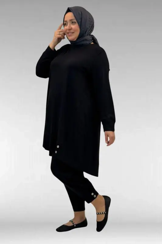 67041 Büyük Beden Düğme Detaylı Penye Pantolonlu Takım - Siyah - 2