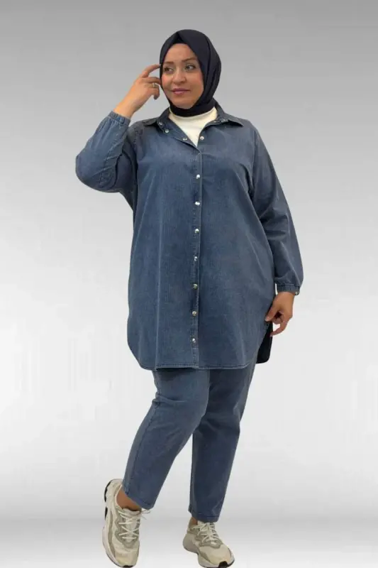 67042 Büyük Beden Kolları Lastikli Pantolonlu Takım - Lacivert - BÜYÜKBEDENIZ