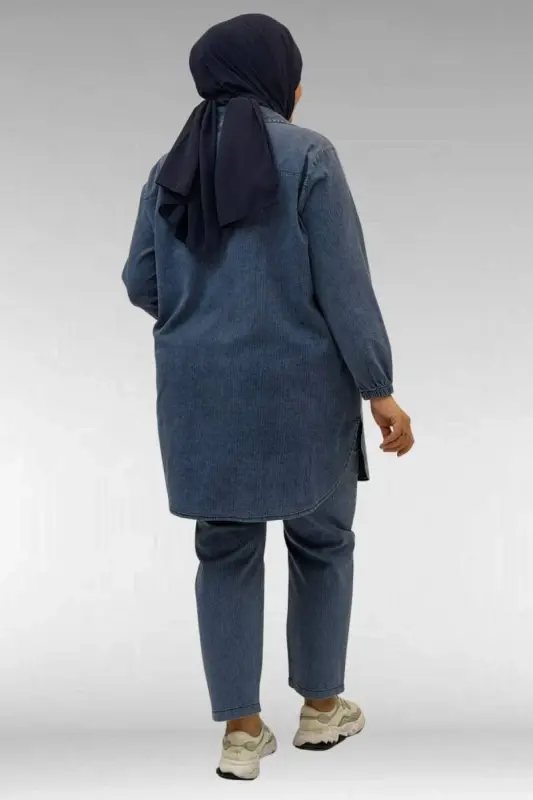 67042 Büyük Beden Kolları Lastikli Pantolonlu Takım - Lacivert - 3