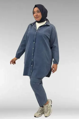 67042 Büyük Beden Kolları Lastikli Pantolonlu Takım - Lacivert - BÜYÜKBEDENIZ (1)