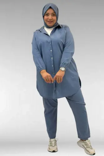 67042 Büyük Beden Kolları Lastikli Pantolonlu Takım - Mavi - 1