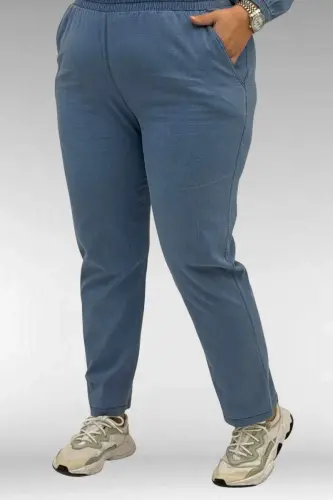67042 Büyük Beden Kolları Lastikli Pantolonlu Takım - Mavi - 3