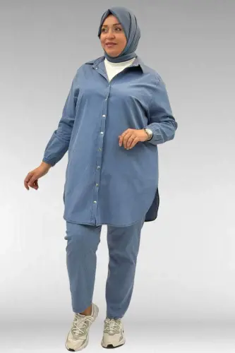 67042 Büyük Beden Kolları Lastikli Pantolonlu Takım - Mavi - BÜYÜKBEDENIZ (1)