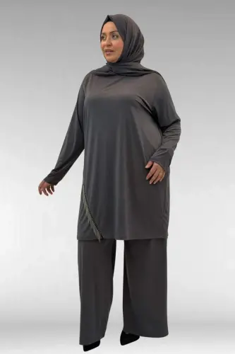 67043 Büyük Beden Püskül Detaylı Sandy Pantolonlu Takım - Antrasit - BÜYÜKBEDENIZ (1)
