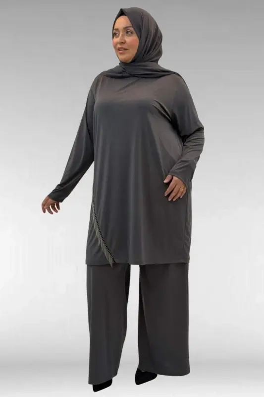 67043 Büyük Beden Püskül Detaylı Sandy Pantolonlu Takım - Antrasit - 3