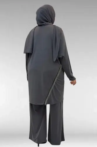 67043 Büyük Beden Püskül Detaylı Sandy Pantolonlu Takım - Antrasit - 4