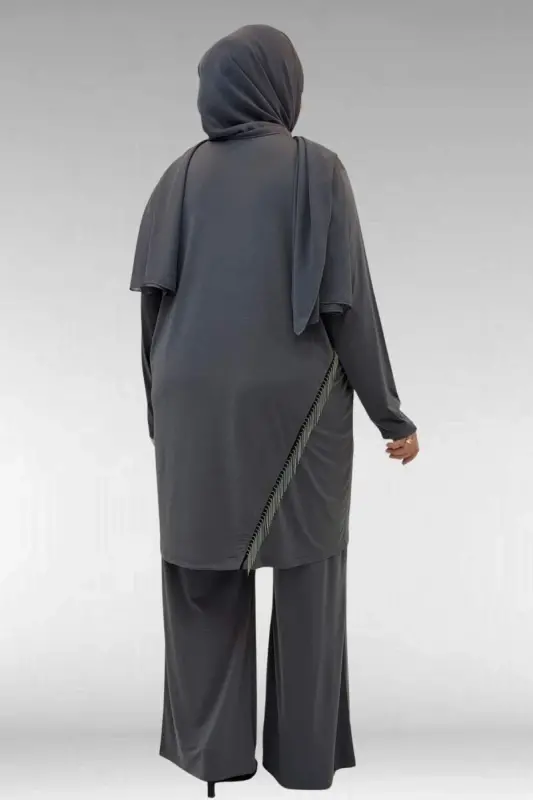 67043 Büyük Beden Püskül Detaylı Sandy Pantolonlu Takım - Antrasit - 4