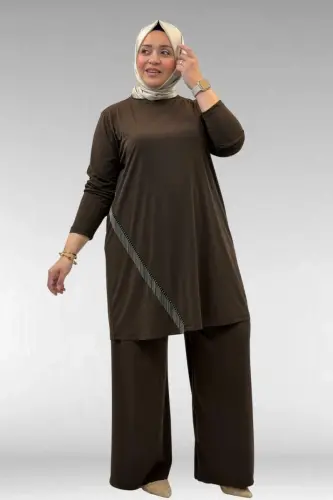 67043 Büyük Beden Püskül Detaylı Sandy Pantolonlu Takım - Kahve - 1