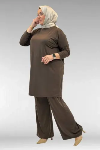 67043 Büyük Beden Püskül Detaylı Sandy Pantolonlu Takım - Kahve - BÜYÜKBEDENIZ (1)