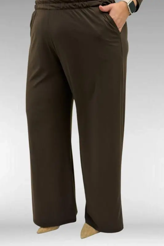 67043 Büyük Beden Püskül Detaylı Sandy Pantolonlu Takım - Kahve - 3