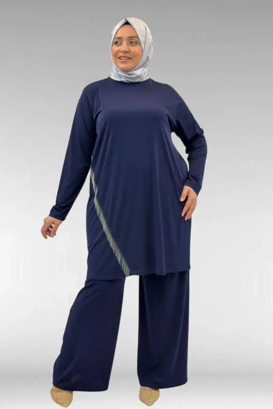 67043 Büyük Beden Püskül Detaylı Sandy Pantolonlu Takım - Lacivert - 1
