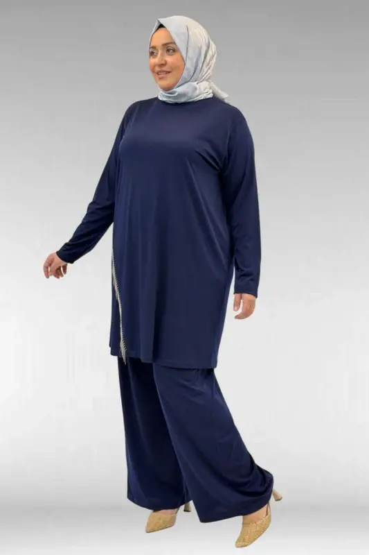 67043 Büyük Beden Püskül Detaylı Sandy Pantolonlu Takım - Lacivert - 2