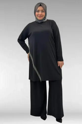 67043 Büyük Beden Püskül Detaylı Sandy Pantolonlu Takım - Siyah - 1