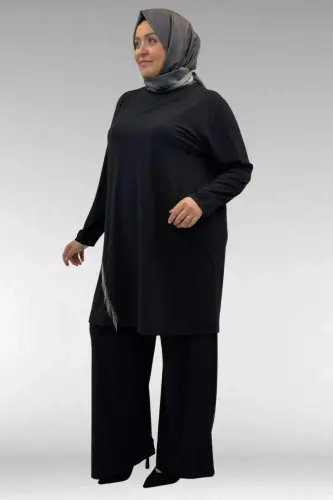 67043 Büyük Beden Püskül Detaylı Sandy Pantolonlu Takım - Siyah - 3