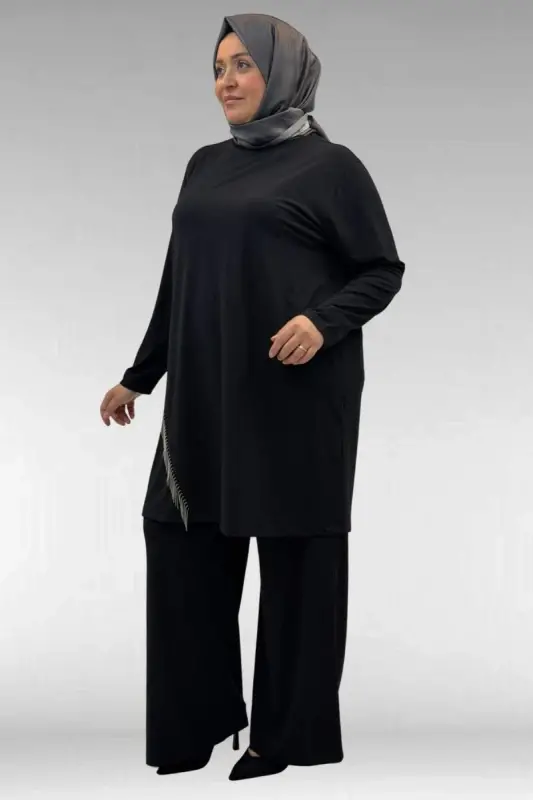 67043 Büyük Beden Püskül Detaylı Sandy Pantolonlu Takım - Siyah - 3