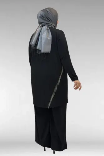 67043 Büyük Beden Püskül Detaylı Sandy Pantolonlu Takım - Siyah - 4