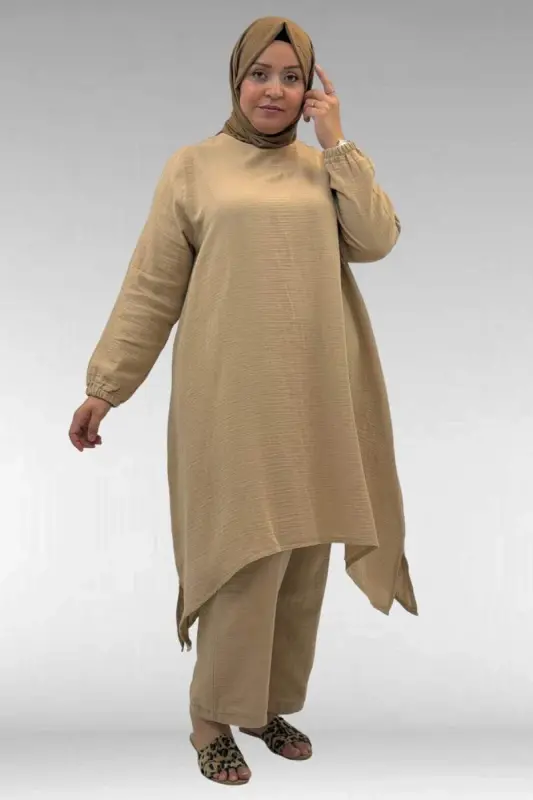 67044 Büyük Beden Asimetrik Kesim Pantolonlu Müslin Takım - Bej - 1