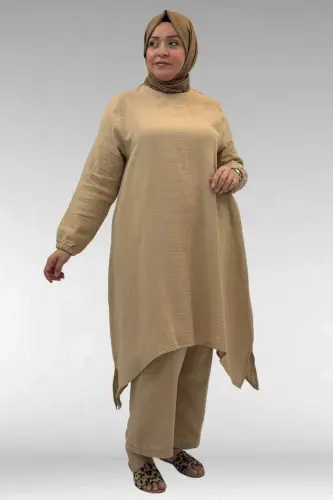 67044 Büyük Beden Asimetrik Kesim Pantolonlu Müslin Takım - Bej - BÜYÜKBEDENIZ (1)