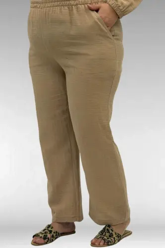 67044 Büyük Beden Asimetrik Kesim Pantolonlu Müslin Takım - Bej - 3