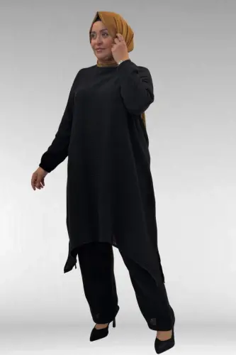 67044 Büyük Beden Asimetrik Kesim Pantolonlu Müslin Takım - Siyah - 1