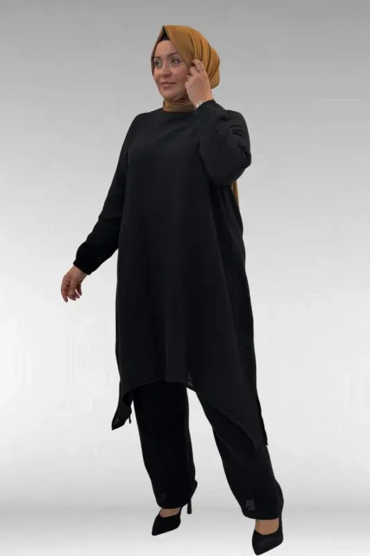 67044 Büyük Beden Asimetrik Kesim Pantolonlu Müslin Takım - Siyah - 2