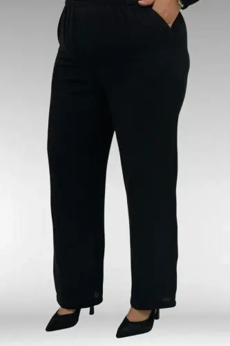 67044 Büyük Beden Asimetrik Kesim Pantolonlu Müslin Takım - Siyah - 3