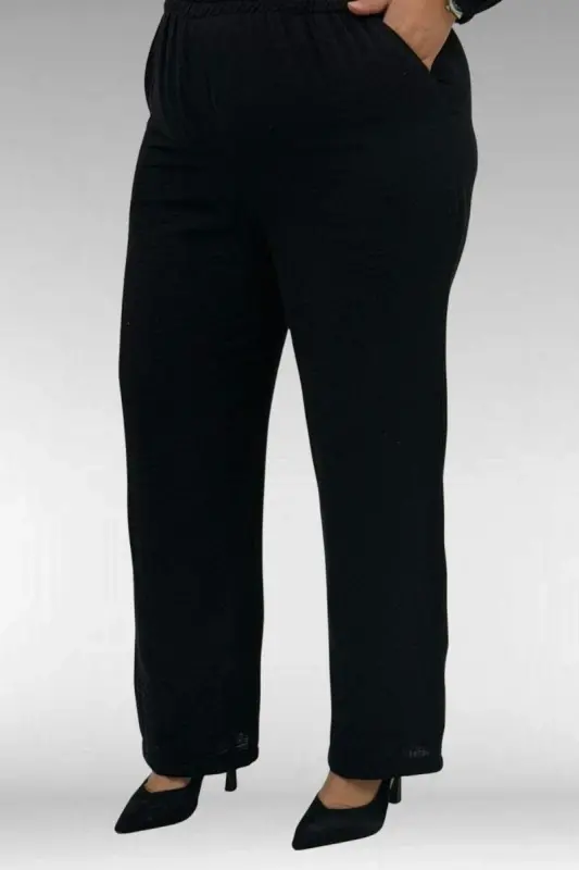 67044 Büyük Beden Asimetrik Kesim Pantolonlu Müslin Takım - Siyah - 3