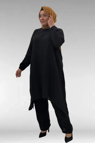 67044 Büyük Beden Asimetrik Kesim Pantolonlu Müslin Takım - Siyah - BÜYÜKBEDENIZ (1)