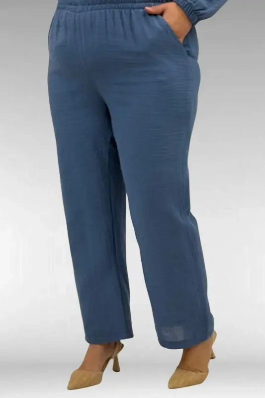 67044 Büyük Beden Asimetrik Kesim Pantolonlu Müslin Takım - Soğuk Mavi - 3