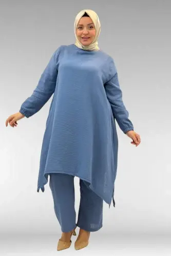 67044 Büyük Beden Asimetrik Kesim Pantolonlu Müslin Takım - Soğuk Mavi - BÜYÜKBEDENIZ (1)