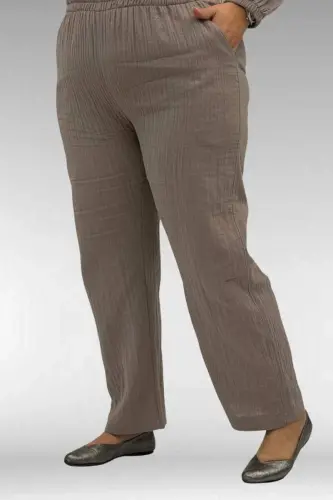 67044 Büyük Beden Asimetrik Kesim Pantolonlu Müslin Takım - Vizon - 3