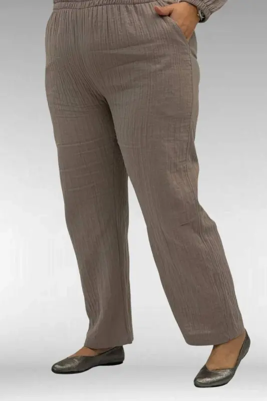 67044 Büyük Beden Asimetrik Kesim Pantolonlu Müslin Takım - Vizon - 3