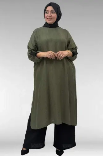 67049 Büyük Beden Yanı Yırtmaçlı Renk Kombinli Pant. Double Tensel Takım - Haki - 1