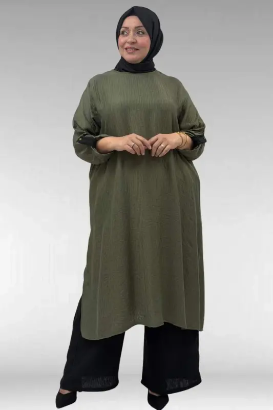 67049 Büyük Beden Yanı Yırtmaçlı Renk Kombinli Pant. Double Tensel Takım - Haki - 1