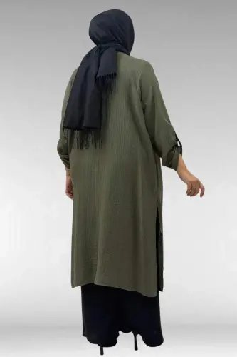 67049 Büyük Beden Yanı Yırtmaçlı Renk Kombinli Pant. Double Tensel Takım - Haki - 3