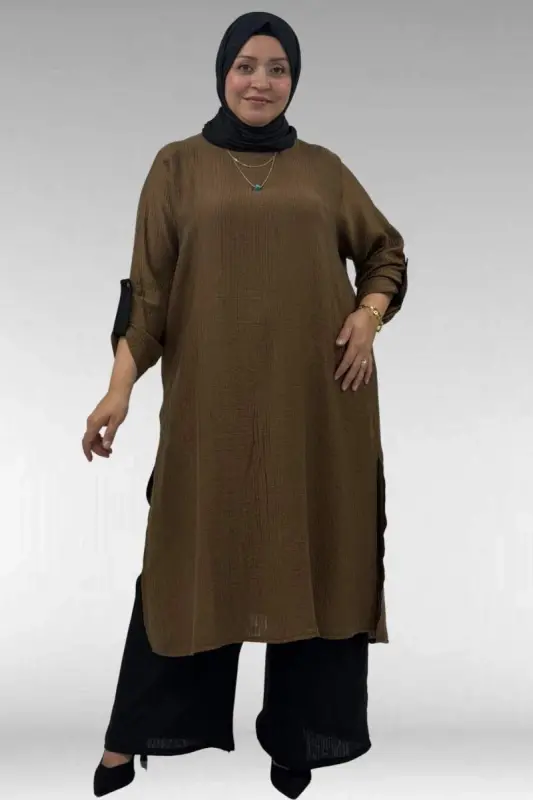 67049 Büyük Beden Yanı Yırtmaçlı Renk Kombinli Pant. Double Tensel Takım - Taba - 1