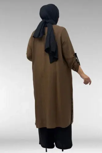 67049 Büyük Beden Yanı Yırtmaçlı Renk Kombinli Pant. Double Tensel Takım - Taba - 3