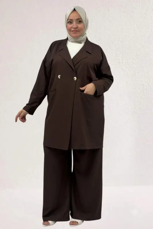67056-1 Büyük Beden Blazer Ceket - Pantolon Nova Takım - Kahve - 1