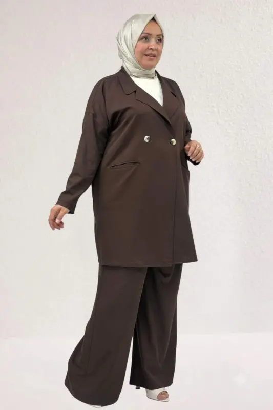 67056-1 Büyük Beden Blazer Ceket - Pantolon Nova Takım - Kahve - 2