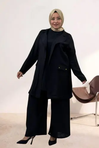67065 Büyük Beden Pantolon -Ceket Kombinli Double Tensel Takım - Siyah - BÜYÜKBEDENIZ (1)