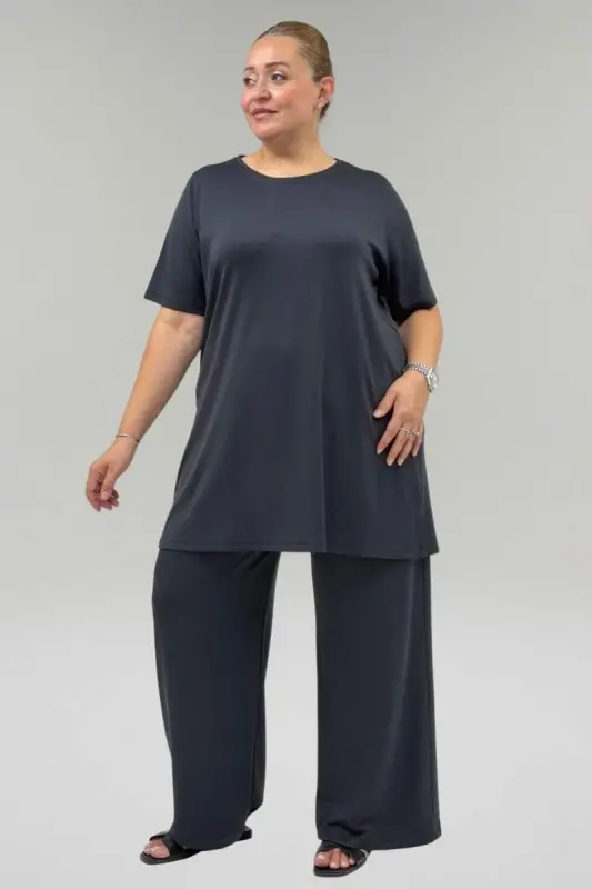 67067 Büyük Beden Tişört Pantolonlu Modal Takım - Antrasit - 2