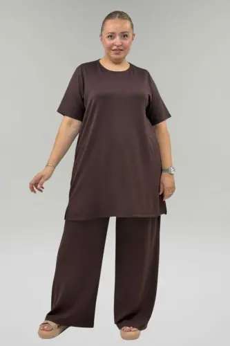 67067 Plus Size T-Shirt Modal Set with Pants - Brown - BÜYÜKBEDENIZ (1)
