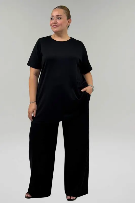 67067 Plus Size T-Shirt Pants Modal Set - Black - 2