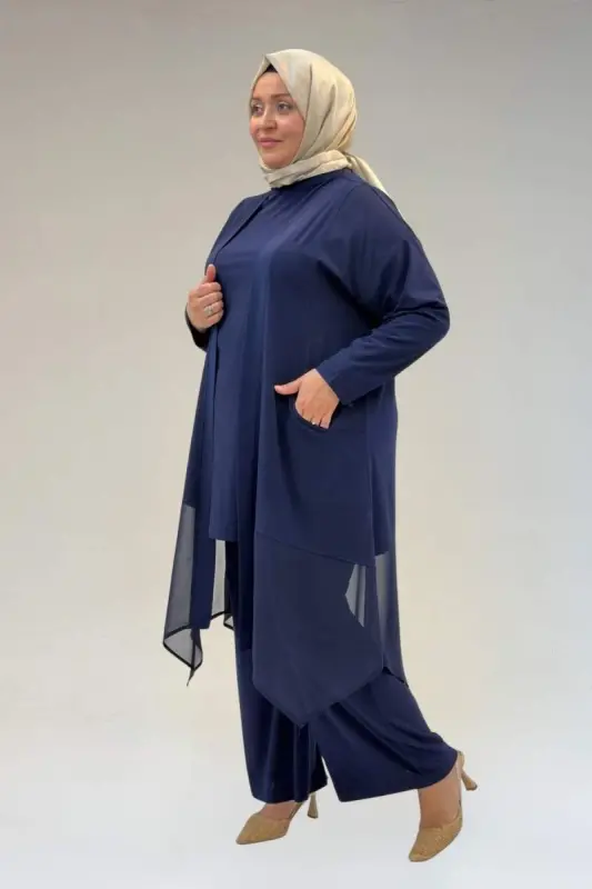 67302 Büyük Beden Üçlü Sandy - Şifon Pantolonlu Takım - Lacivert - 2